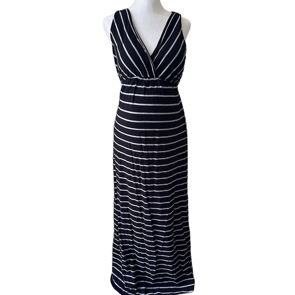 MOTHERHOOD Maternity Summer Striped Waist Tied Maxi‎ Dress Stretchy Comfort Sz M - Picture 1 of 14